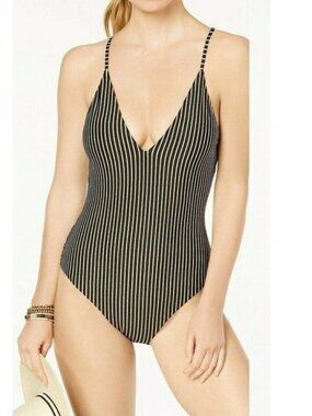 Bar III Black Metallic Striped V-Neck One Piece Maillot Swimsuit Backless S NWT